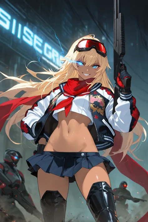 score_9, score_8_up, score_7_up, score_6_up, score_5_up, score_4_up,anime artwork masterpiece,best quality, unreal engine, ultra res, extremely detailed, One Girl,blonde hair,long hair,blue eyes,glowing eye trail,tan skin,biker goggles on head,black sailor...