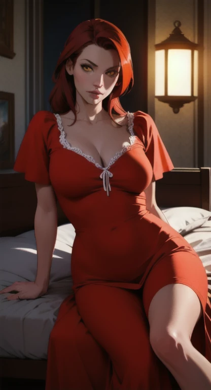 Extremely realistic shading, masterpiece, extremely detailed, photorealistic, Young and sophisticated woman, red hair, blank yellow eyes, medieval nightgown, model, looking at viewer, medieval bedchambers, bed, sitting,