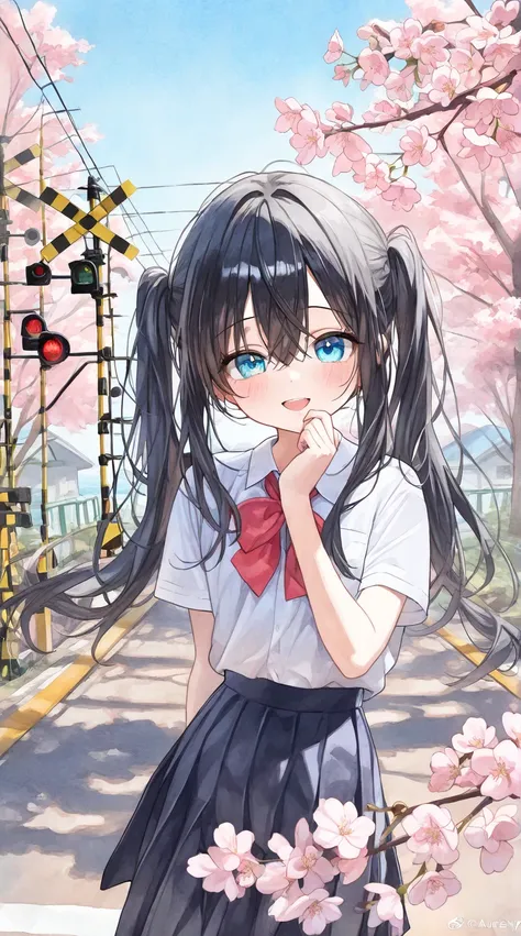 (pastel, watercolor),Cherry Tree、Rape blossoms、Seaside、blue sky、 on her way to school、talking, laughing, waiting,Railroad crossing, (cute young 1girl,  smile, school uniform, black hair, twintails, long hair, Long side bangs,  Azure Eyes, delicate beautifu...