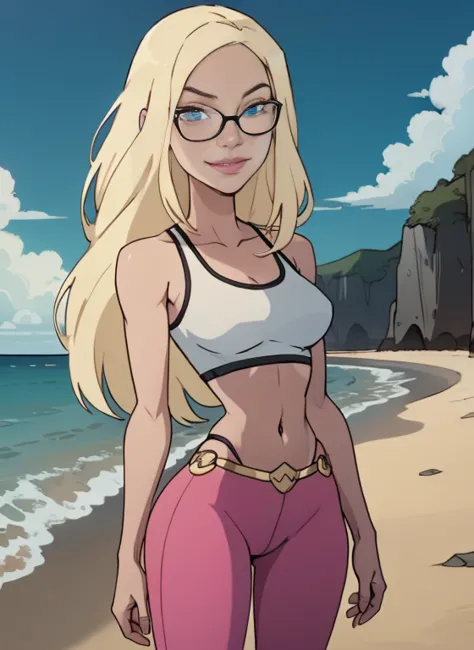 Kara zor-el, glasses, glasses, tanktop, abs, thong straps, low cut Leggings, light blonde long hair, parted in the middle hair, very big blue eyes, pink lips, smirk, very skinny, thin body, slim waist, slender, lean, score_9 score_8_up score_7_up score_6_u...