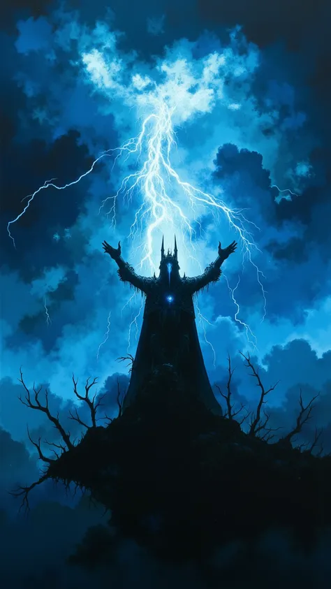 The Storm of the Gods
Angle: general plan, elevated camera.
 lighting: Drastic, light and shadow games.
 Description : The sky is torn in thunder as dark clouds cover Eldorwin. in the midst of chaos, a solitary silhouette hangs,  arms raised, summoning the...