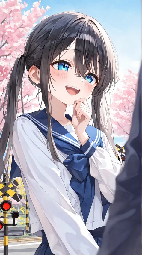 (pastel, watercolor),Cherry Tree、yellow rapeseed flowers、Seaside、blue sky、 on her way to school、talking, laughing,lovestruck, waiting,Railroad crossing, (cute young 1girl,  smile, school uniform,  sailor suit、 Long Sleeve、black hair, twintails, long hair, ...