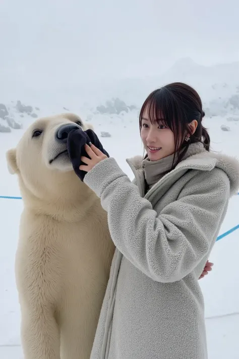 A cute Japanese woman wearing a thick coat, interacting with a polar bear in the Arctic. The woman has dark hair and is smiling as she gently touches the polar bear, who appears calm and friendly. The scene takes place in a snowy, icy landscape with glacie...