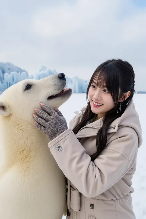 A cute Japanese woman wearing a thick coat, interacting with a polar bear in the Arctic. The woman has dark hair and is smiling as she gently touches the polar bear, who appears calm and friendly. The scene takes place in a snowy, icy landscape with glacie...