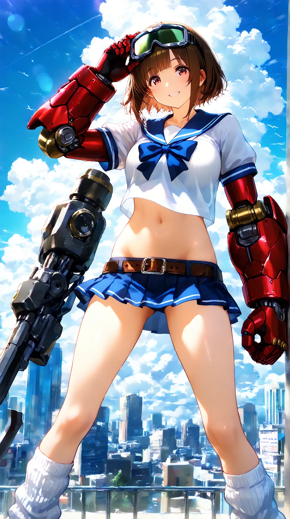 high resolution, photograph,girl in sailor uniform,short hair,brown hair,cyber goggle on head,tareme,smile,sidelock asymmetry bangs,belt,loose socks,lowleg micro skirt,navel,big Mechanical arms,powered arms,mechanical big hands,Weapons,
She stands with spr...