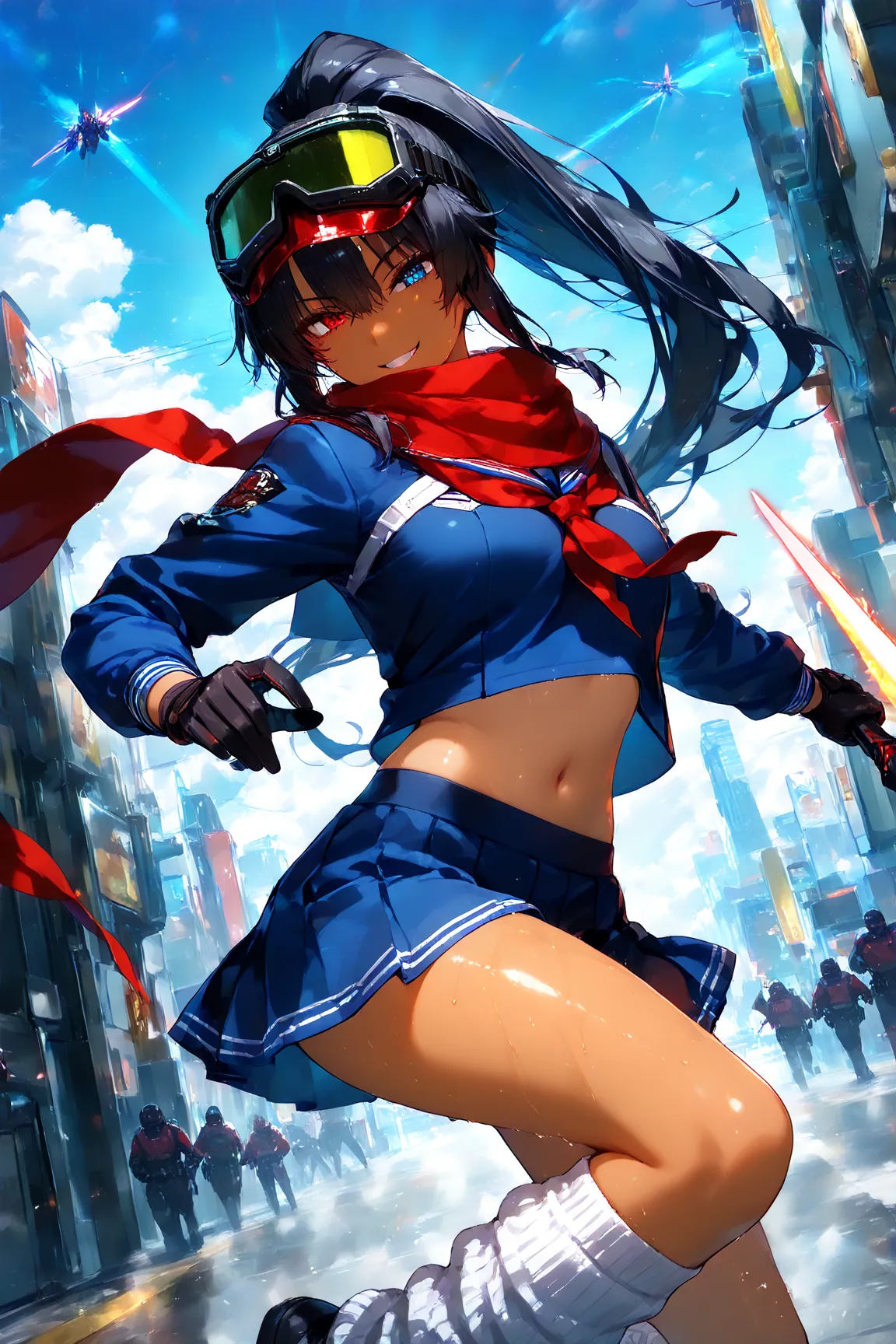 score_9, score_8_up, score_7_up, score_6_up, score_5_up, score_4_up,anime artwork masterpiece,best quality, unreal engine, ultra res, extremely detailed, One Girl,black hair,high ponytail hair,heterochromia,,tan skin,soldier goggles on head,blue sailor sui...