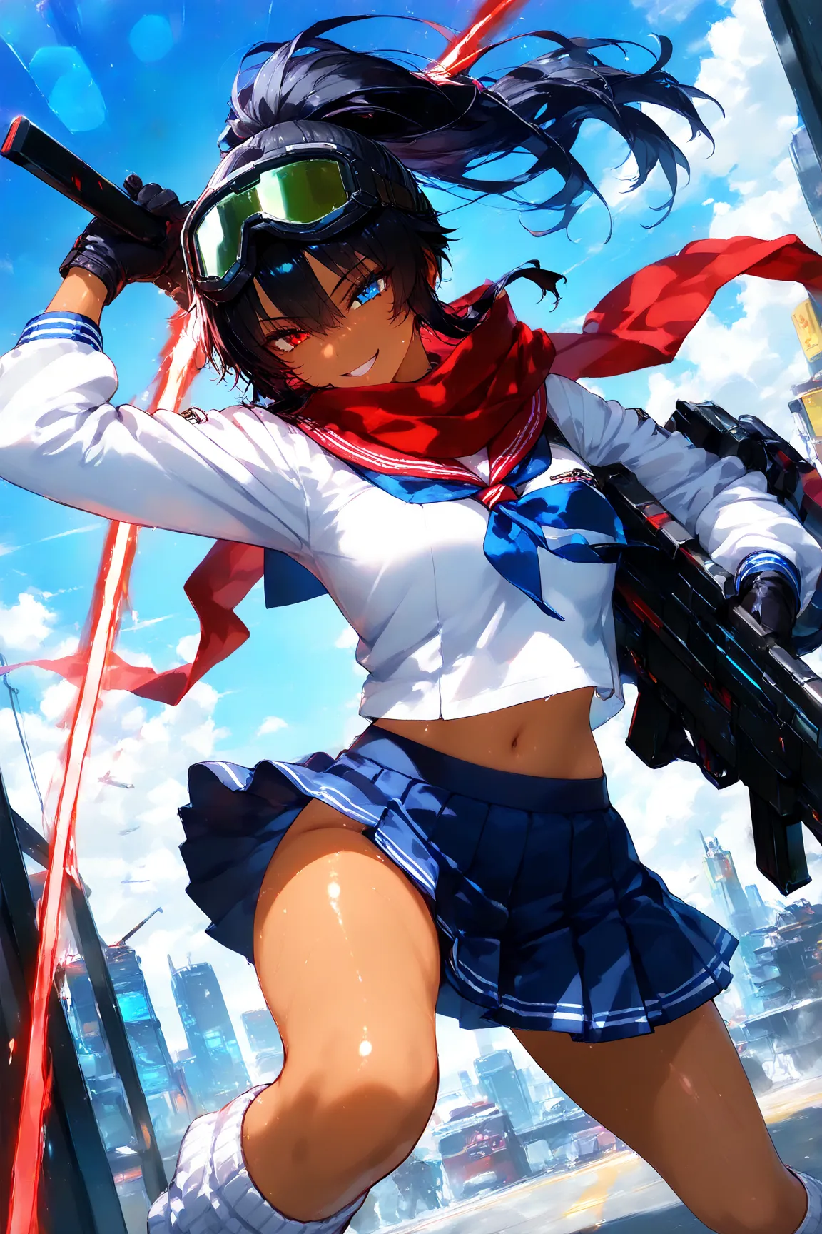 score_9, score_8_up, score_7_up, score_6_up, score_5_up, score_4_up,anime artwork masterpiece,best quality, unreal engine, ultra res, extremely detailed, One Girl,black hair,high ponytail hair,heterochromia,,tan skin,soldier goggles on head,blue sailor sui...