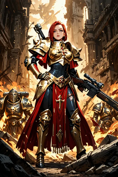 (masterpiece), best quality, expressive eyes, perfect face, "A Sister of Battle from the Warhammer 40K universe. She is clad in the iconic, full body power-armored battle suit of the Adepta Sororitas, adorned with intricate engravings and the symbol of the...