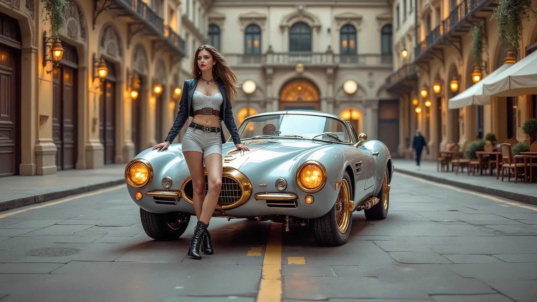 Elegant model in her late twenties.  She has a slim and toned body .  she has long legs . She's dressed in steampunk clothing. She's in a steampunk . She's standing next to a modern steampunk car, science fiction, retrofuture, Team Punk Car, steam engine p...