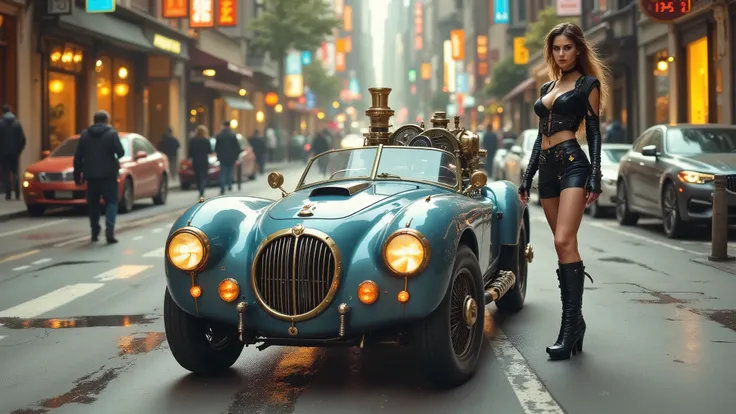 Elegant model in her late twenties.  She has a slim and toned body .  she has long legs . She's dressed in steampunk clothing. She's in a steampunk . She's standing next to a modern steampunk car, science fiction, retrofuture, Team Punk Car, steam engine p...