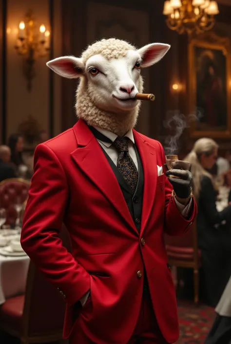 A lamb in a red suit smoking a cigar 
in a luxury restaurant 