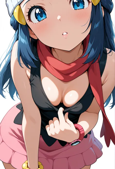 high resolution picture, masterpiece, best quality, amazing quality, official art,, 1girl,  Dawn (Hikari) from pokemon, 1girl,   aadawn, long hair, blue hair, beanie, white headwear, hair ornament, blue eyes, breasts, red scarf, sleeveless shirt, black shi...