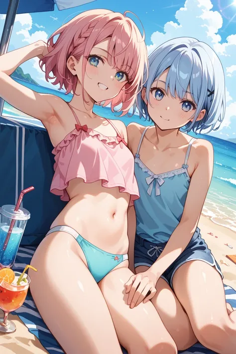 top quality made of straw ,    anatomically accurate,   masterpiece, 
    beach background gradation    、
   lens flare、、   two girls fight back、  camisole、 Brightly colored swimsuits  、   Medium Short Hair、light blue drink