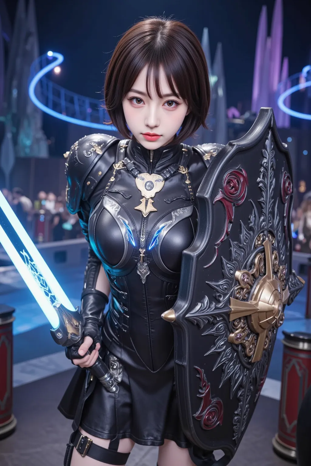 A breathtaking depiction of Maple from ‘BOFURI: I Don’t Want to Get Hurt, so I’ll Max Out My Defense,’ standing in a powerful yet innocent pose. She wears her signature jet-black armor, intricately detailed with silver and crimson accents, exuding an aura ...