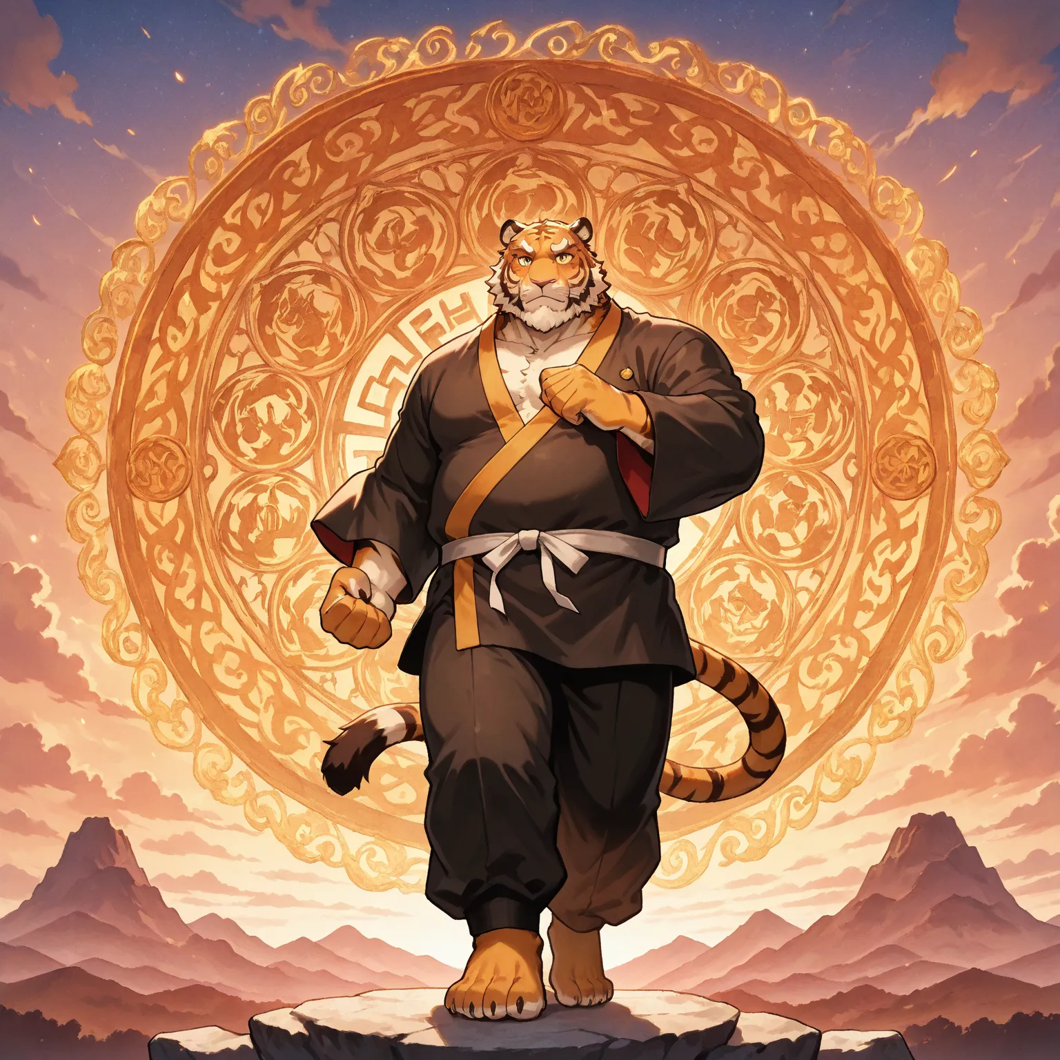 character focus, full body, looking away, dynamic angle, monk, a musclegut middle-aged tiger man, oriental costume, oriental uniform, kung-fu, rotating the body, executing highkick, dynamic pose, BREAK full body in Michelangelo Buonarroti style, pastel-col...