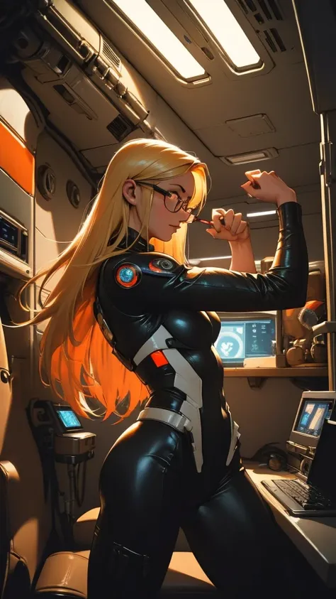 Beautiful cybernetic girl detailed muscles realistic masterpieces full figure pose (best quality,ultra-detailed), straight blonde hair, black-rim glasses, fair skin, fit body, slim figure, narrow waist, large buttocks, (cocky expression), international ora...