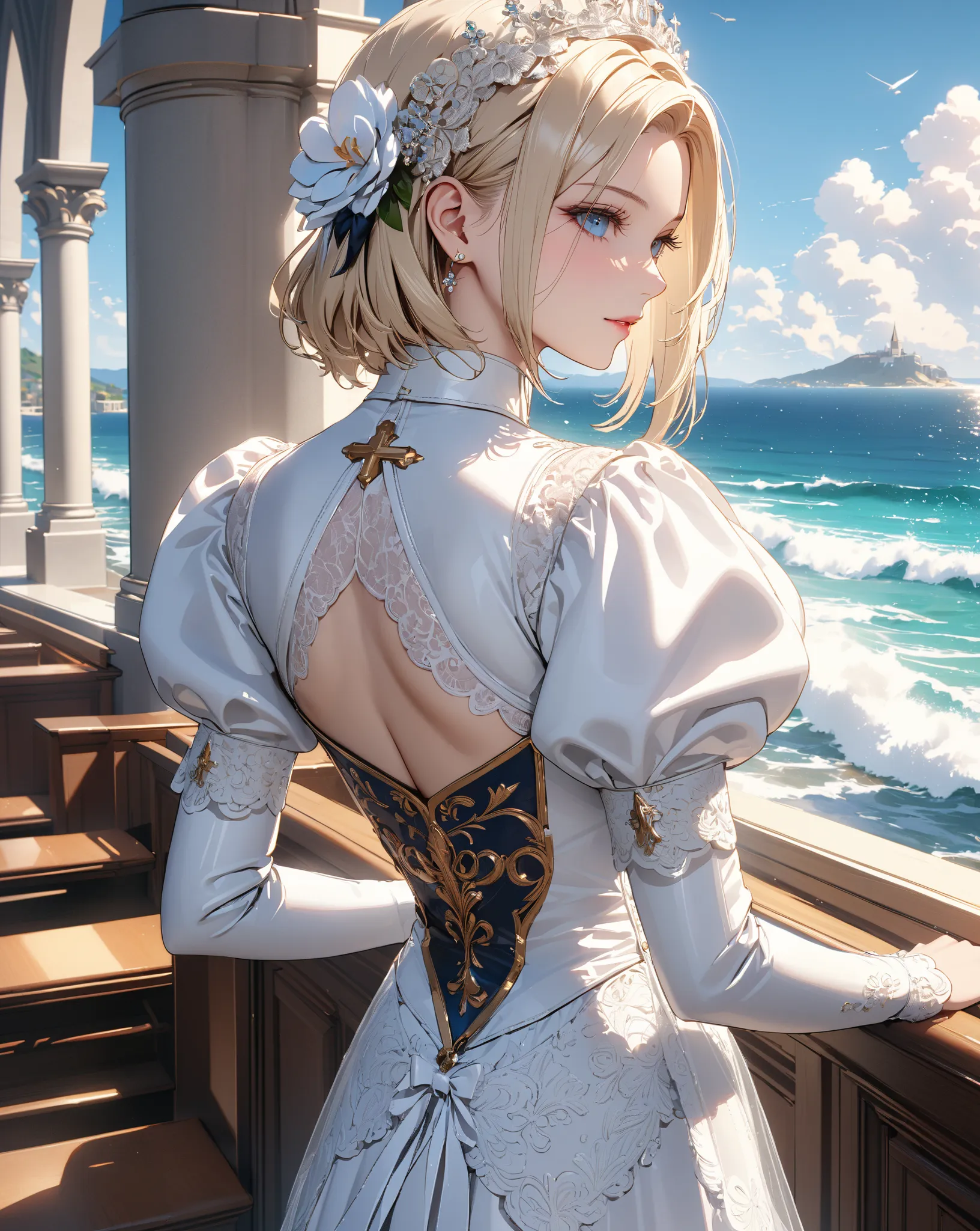 Church by the Sea, bride, (Android 18), masterpiece, highest quality, UHD, retina, masterpiece, accurate anatomy, super detailed, high quality, best quality, 8k