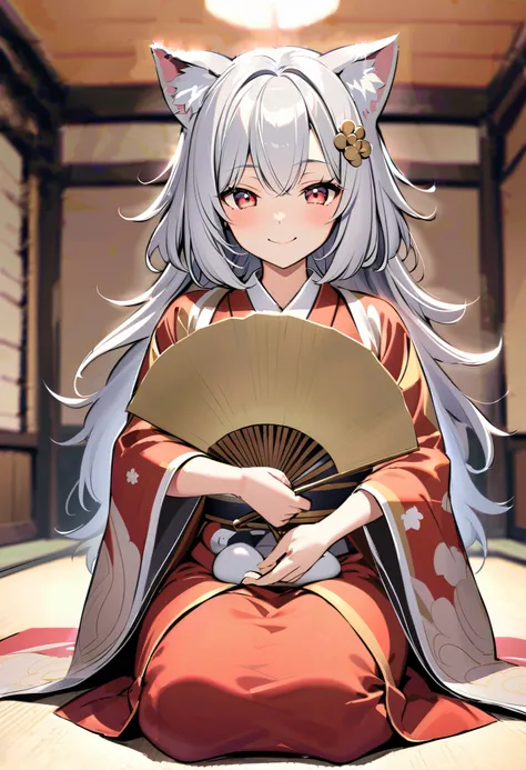 smile, girl with dog ears , Silver Hair, Japan, White Ear,Hindyman, gold hair ornament ,holding a large fan unfolded,seiza ,from the front,Twelve-layered robe,Big droopy hair