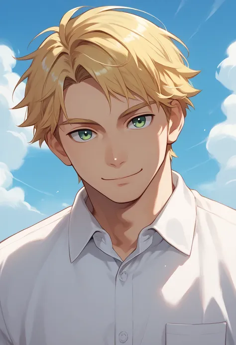 masterpiece, best quality, 
takusui, 1boy, male focus, solo, green eyes, blonde hair, short hair, school uniform, shirt, white shirt, collared shirt, smile
outdoor, sky, portrait,