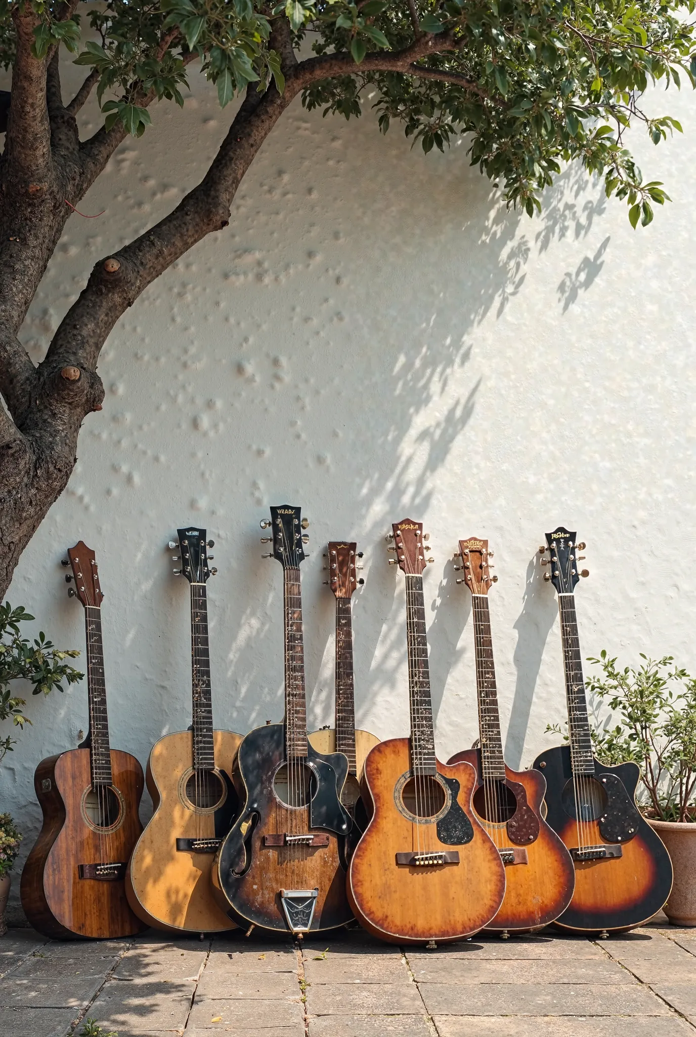 Many guitars stacked on a white wall with flowerpots next to the old heavenly door and the shade of a large tree 