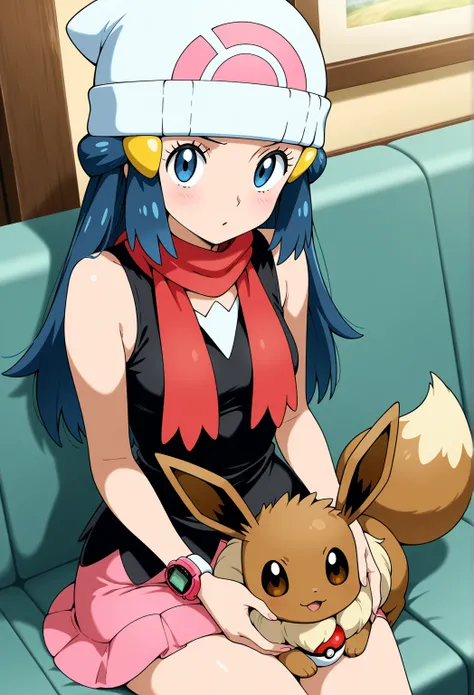 high resolution picture, masterpiece, best quality, amazing quality, official art,, 1girl,  Dawn (Hikari) from pokemon, 1girl,   aadawn, long hair, blue hair, beanie, white headwear, hair ornament, blue eyes, breasts, red scarf, sleeveless shirt, black shi...