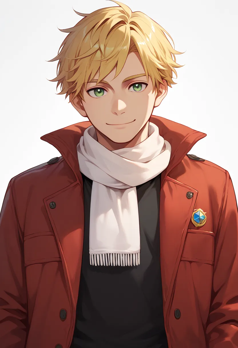 masterpiece, best quality, 
takusui, 1boy, male focus, solo, green eyes, blonde hair, short hair, shirt, black shirt, collared shirt, jacket, red jacket, scarf, white scarf, smile
outdoor,