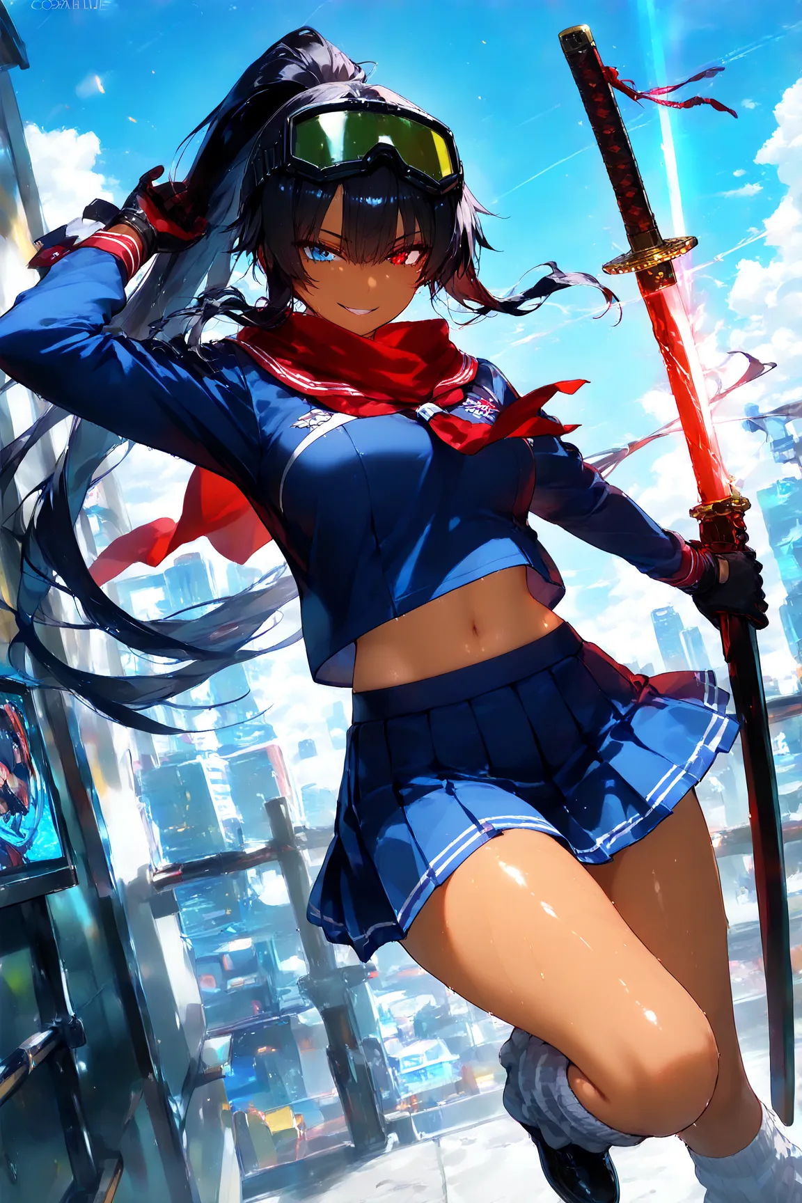 score_9, score_8_up, score_7_up, score_6_up, score_5_up, score_4_up,anime artwork masterpiece,best quality, unreal engine, ultra res, extremely detailed, One Girl,black hair,high ponytail hair,heterochromia,,tan skin,soldier goggles on head,blue sailor sui...