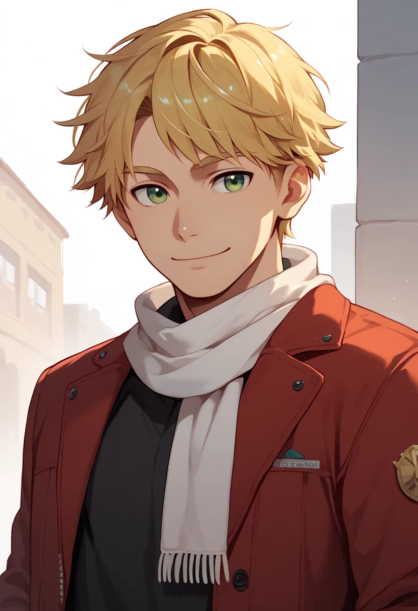 masterpiece, best quality, 
takusui, 1boy, male focus, solo, green eyes, blonde hair, short hair, shirt, black shirt, collared shirt, jacket, red jacket, scarf, white scarf, smile
outdoor,