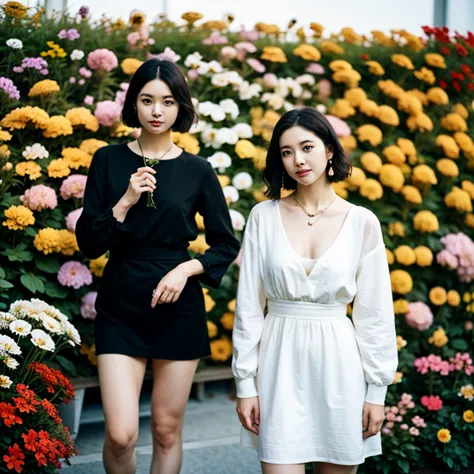 a woman in a dress standing in front of a flower arrangement, short hair, black hair, long sleeves, earrings, feet out of frame