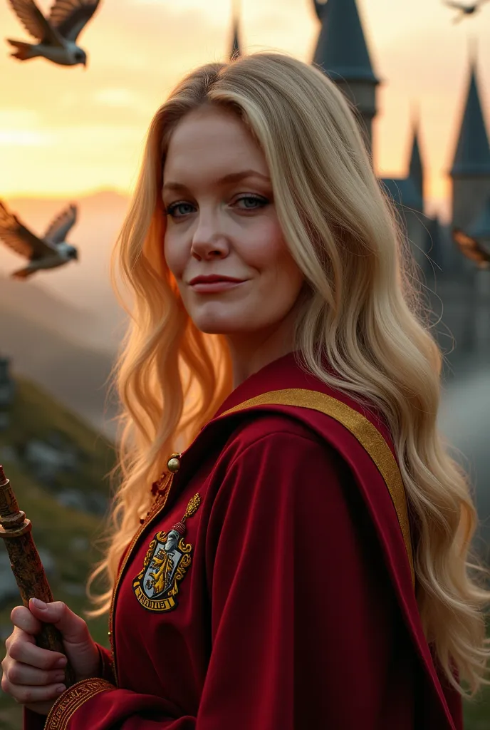 A blond woman about 30 years old, with jovial and expressive features, wearing characteristic robes of a wizard from Gryffindor. Her long golden, slightly wavy hair falls softly over her shoulders. Her negotiated emerald-colored eyes convey courage and det...