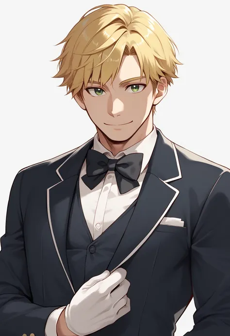 masterpiece, best quality, 
takusui, 1boy, male focus, solo, green eyes, blonde hair, short hair, butler uniform, shirt, dress shirt, collared shirt, bowtie, black bowtie, jacket, black jacket, smile, hand on own chest, white gloves
outdoor