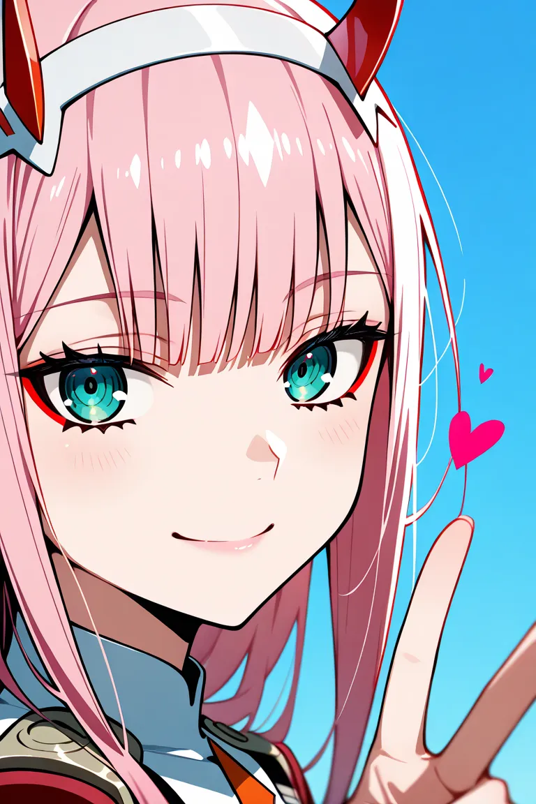 masterpiece, best quality, amazing quality, very aesthetic, absurdres, newest, scenery, highly detailed, high-resolution, close-up portrait, female, woman, Zero Two, Darling in the Franxx, pink long hair, straight hair, red horns, blue eyes, fair skin, glo...