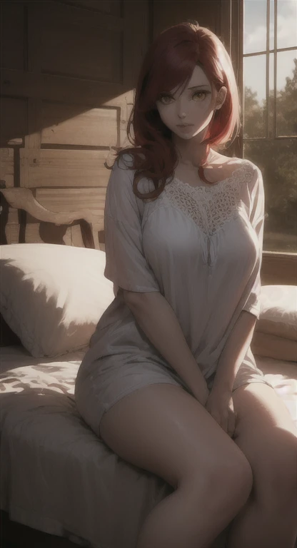 Extremely realistic shading, masterpiece, extremely detailed, photorealistic, Young and sophisticated woman, red hair, blank yellow eyes, medieval nightgown, model, looking at viewer, medieval bedchambers, bed, sitting,