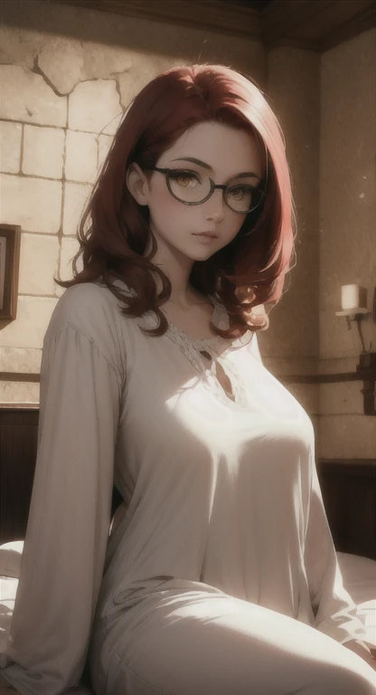 Extremely realistic shading, masterpiece, extremely detailed, photorealistic, Young and sophisticated woman, red hair, blank yellow eyes, medieval glasses, medieval nightgown, model, looking at viewer, medieval bedchambers, bed, sitting,