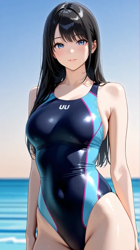 (masterpiece,best quality,ultra detailed,high resolution),(realistic:0.3),lady,beautiful eyes,black hair,cool eyes,competition swimsuit,beautiful sky,long straight hair,