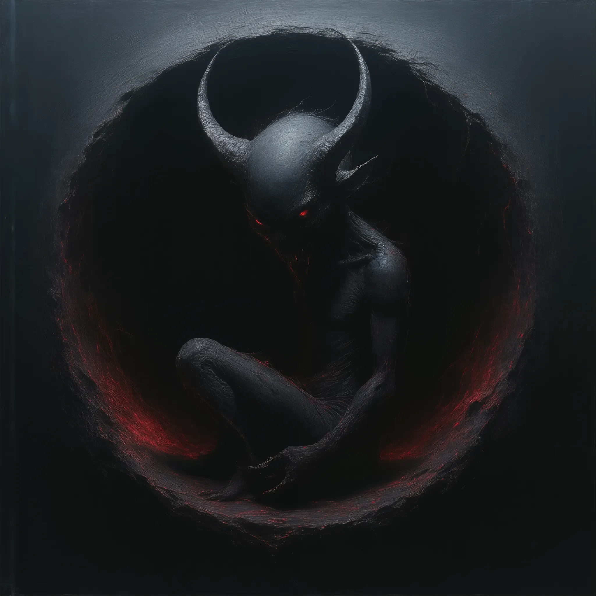 an unborn demonic fetus, horned,  united by an umbilical cord,  on a circular womb like fleshy structure