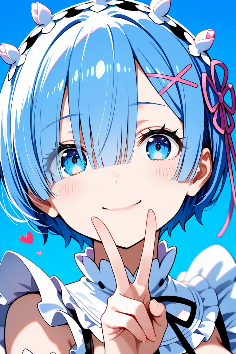 masterpiece, best quality, amazing quality, very aesthetic, absurdres, newest, scenery, highly detailed, high-resolution, close-up portrait, female, woman, Rem, Re:Zero, short blue hair, straight hair, bangs, big blue eyes, fair skin, glossy texture, soft ...