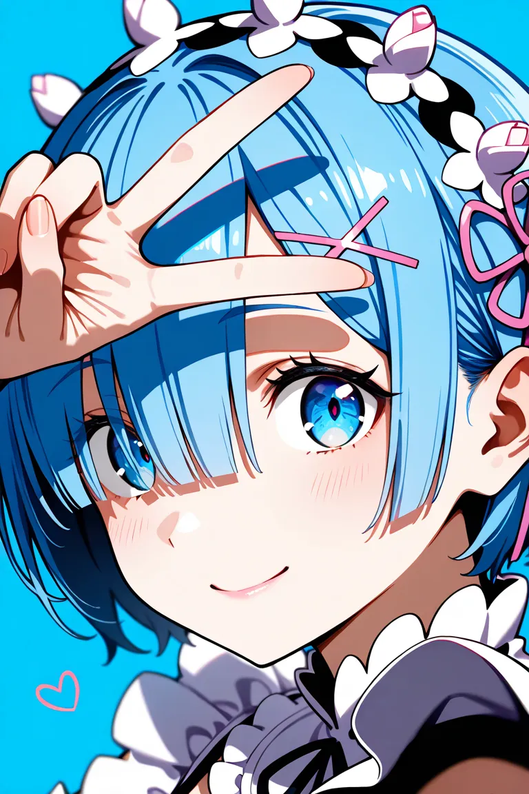 masterpiece, best quality, amazing quality, very aesthetic, absurdres, newest, scenery, highly detailed, high-resolution, close-up portrait, female, woman, Rem, Re:Zero, short blue hair, straight hair, bangs, big blue eyes, fair skin, glossy texture, soft ...