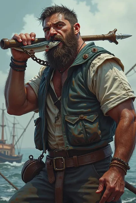 A man dressed as a sailor, high,  with wide shoulders , Slightly strong arms,  almond-eyed teeth, serious expression, fish with a dark beard, holding a fish in a harpoon and swallowing that fish