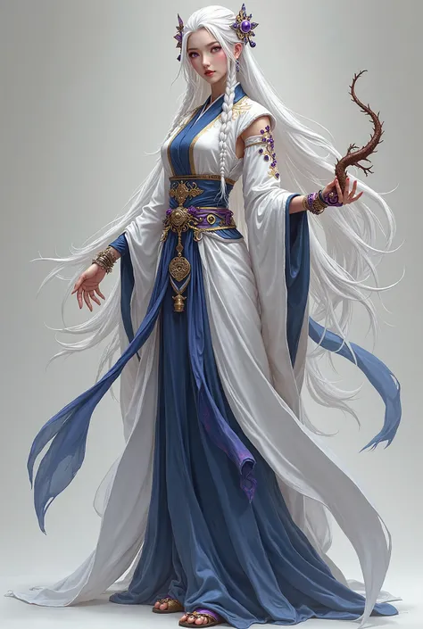 Full body, Asian woman with long to the ground white hair, braided, lots of ancient Asia ornaments. Her eyes are purple, she has almost white complextion, clothes are white and navy blue in the style of ancient Asia and fantasy mages. She has purple sigils...