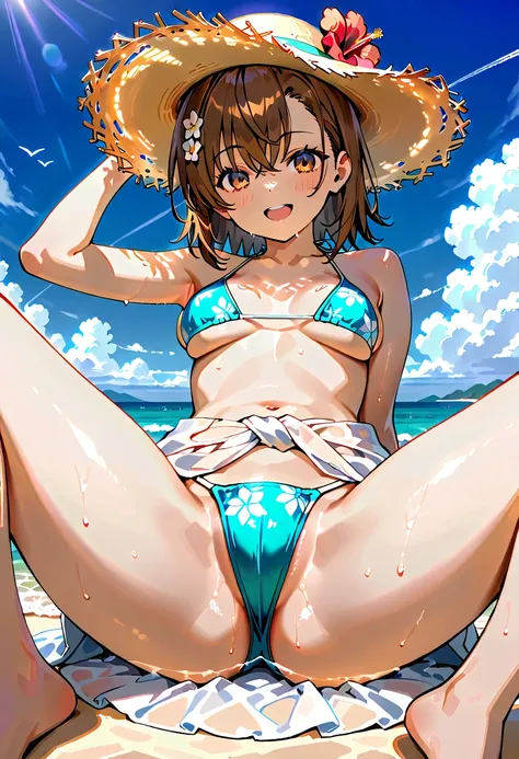  Ultra-high definition 、  beautiful girl、 Misaka Mikoto、 and a scientific super electromagnetic gun、luxury bikini with hibiscus pattern、Wrap a see-through pareo around your waist、  Straw Hat、Everlasting summer、 beach、 the sun shines、Big Jump、  clear、Drople...