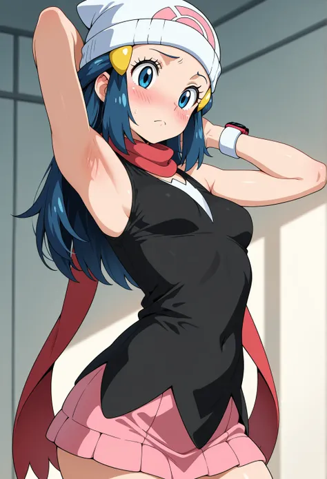 high resolution picture, masterpiece, best quality, amazing quality, perfect hands, perfect fingers, 1girl,  Dawn (Hikari) from pokemon, 1girl,   aadawn, long hair, blue hair, beanie, white headwear, hair ornament, blue eyes, breasts, red scarf, sleeveless...