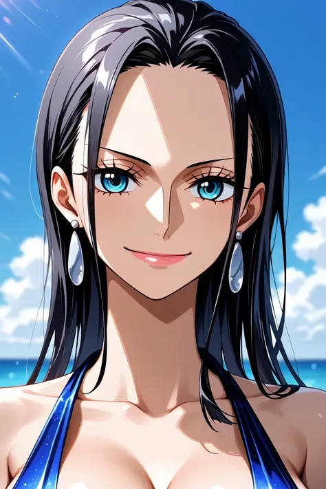 masterpiece, best quality, amazing quality, very aesthetic, absurdres, newest, scenery, highly detailed, high-resolution, close-up portrait, female, woman, Nico Robin, One Piece, post time-skip, long black hair, straight hair, blue eyes, tan skin, glossy t...