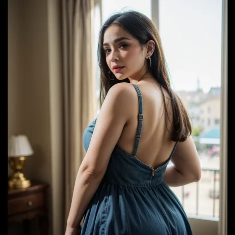 a woman in a dress standing in a room, Long Hair,  blue eyes ,   blonde  ,  earrings  , looking back, lips,  plump, fat 