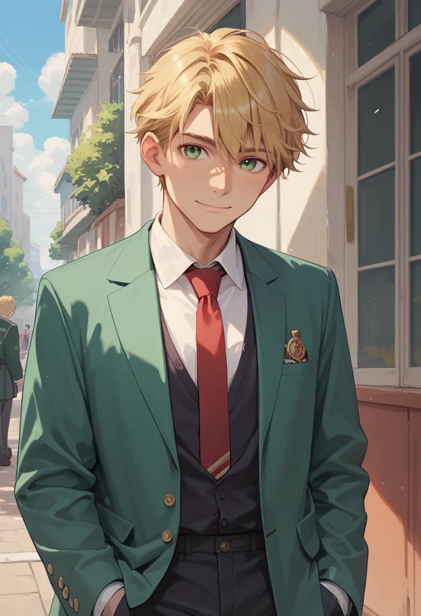 masterpiece, best quality, 
takusui, 1boy, male focus, solo, green eyes, blonde hair, short hair, school uniform, shirt, white shirt, collared shirt, necktie, red necktie,jacket, blazer, green jacket, smile
outdoor