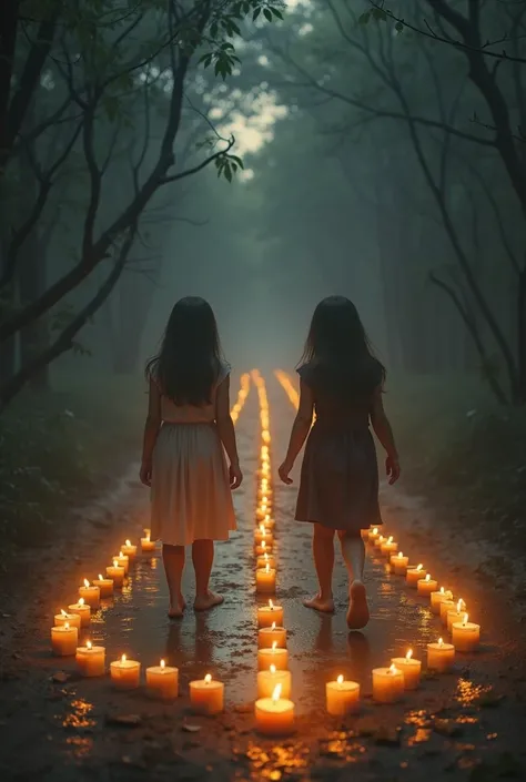 Make a representation of two girls who walk in the opposite direction along a path of candles, at each step they blow out a candle and halfway they find themselves face to face separated only by a larger circle of candles, where they take steps again in op...