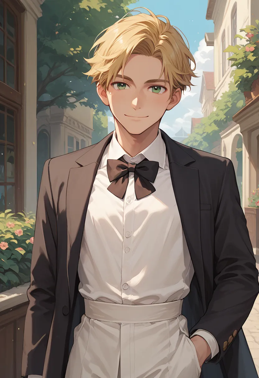 masterpiece, best quality, 
takusui, 1boy, male focus, solo, green eyes, blonde hair, short hair, butler uniform, shirt, dress shirt, collared shirt, bowtie, black bowtie, jacket, black jacket, smile
outdoor