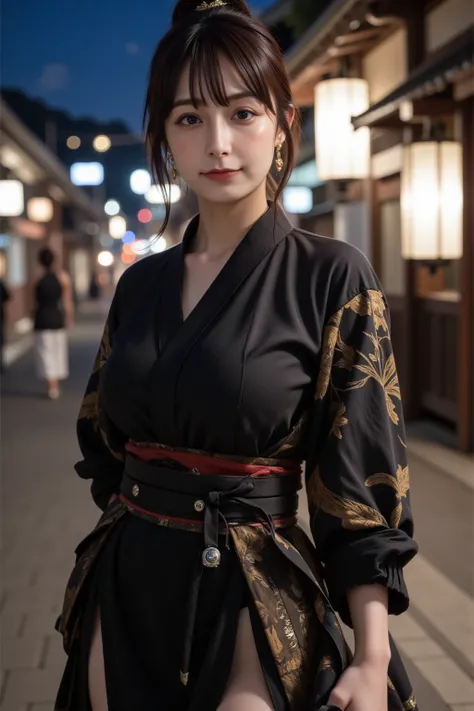  top quality made of straw,Photogenic Clarity,8K ultra-high resolution,Best Picture Quality、 masterpiece,   very detailed skin  , 詳細なclothingの特徴 ,   high definition model , there is a large Japanese castle in the background,Edo Castle Town at night, I'm ve...