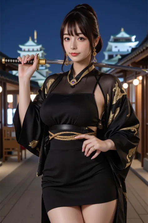  top quality made of straw,Photogenic Clarity,8K ultra-high resolution,Best Picture Quality、 masterpiece,   very detailed skin  , 詳細なclothingの特徴 ,   high definition model , there is a large Japanese castle in the background,Edo Castle Town at night, I'm ve...