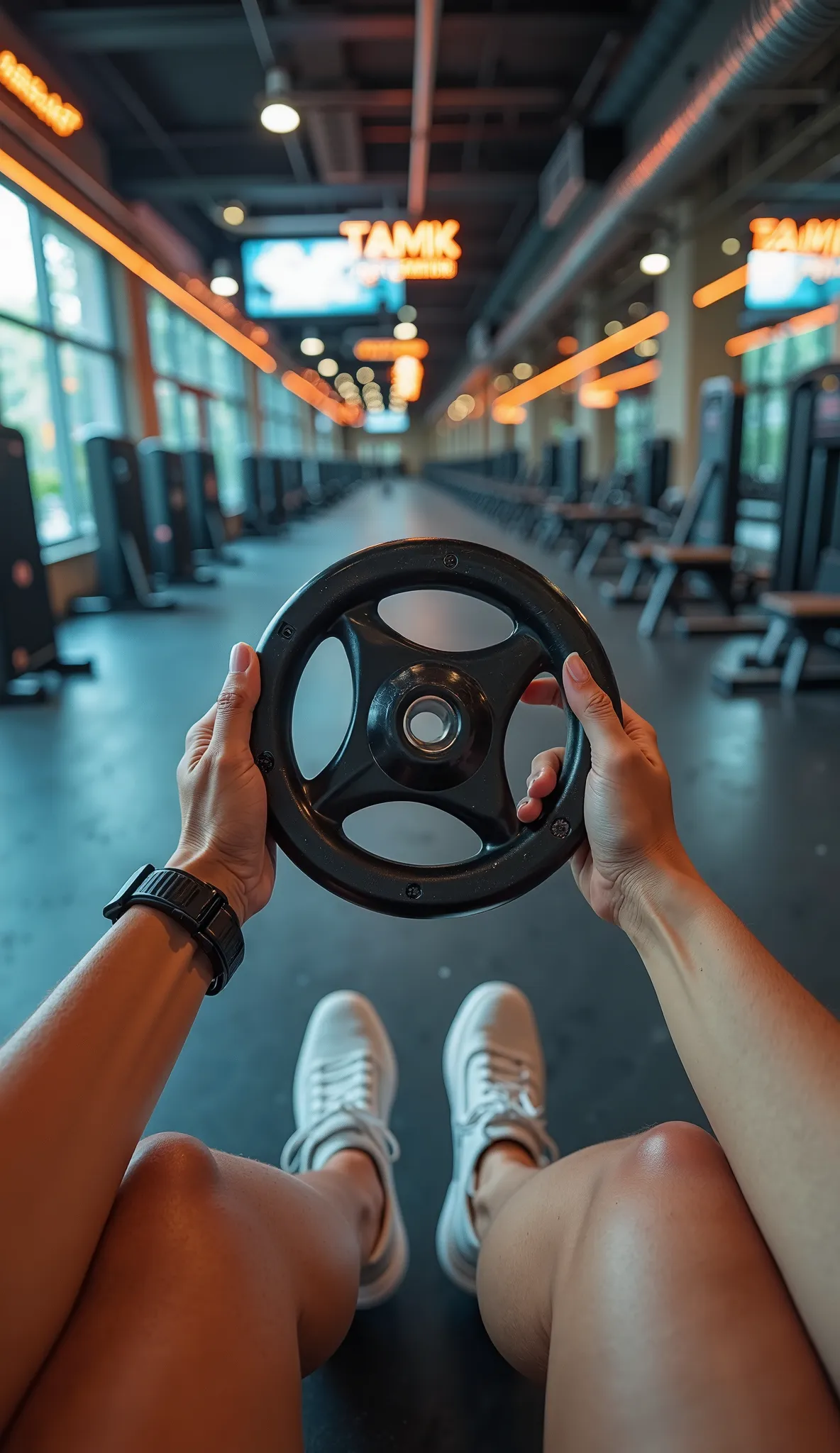 Ultra-realistic first-person perspective of a woman sitting inside a modern, high-end gym, holding a weight plate. The viewer sees their own hands gripping the plate, with a smartwatch on one wrist. She is wearing stylish, feminine athletic shoes designed ...